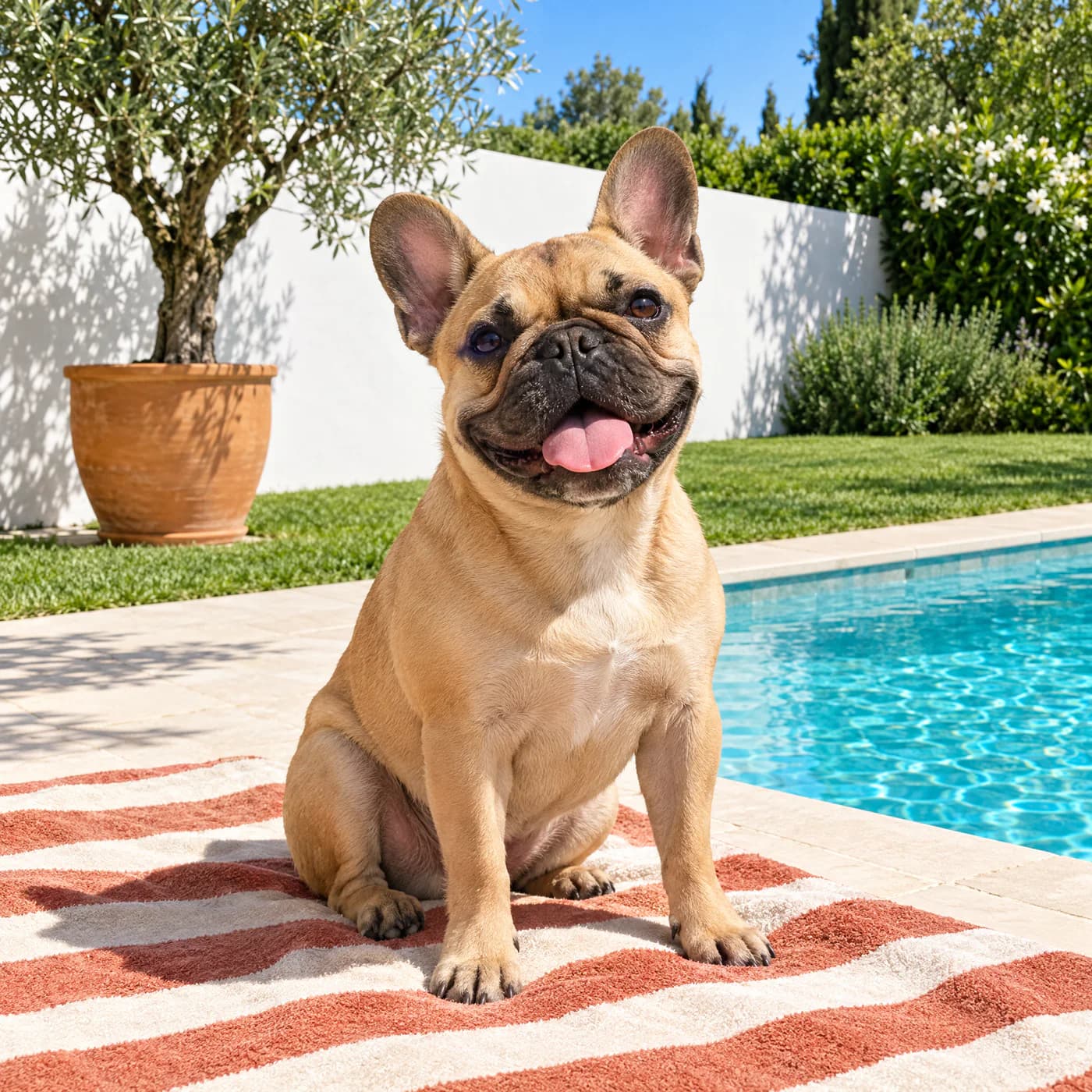 A fawn French bulldog sitting on a striped towel beside a swimming pool