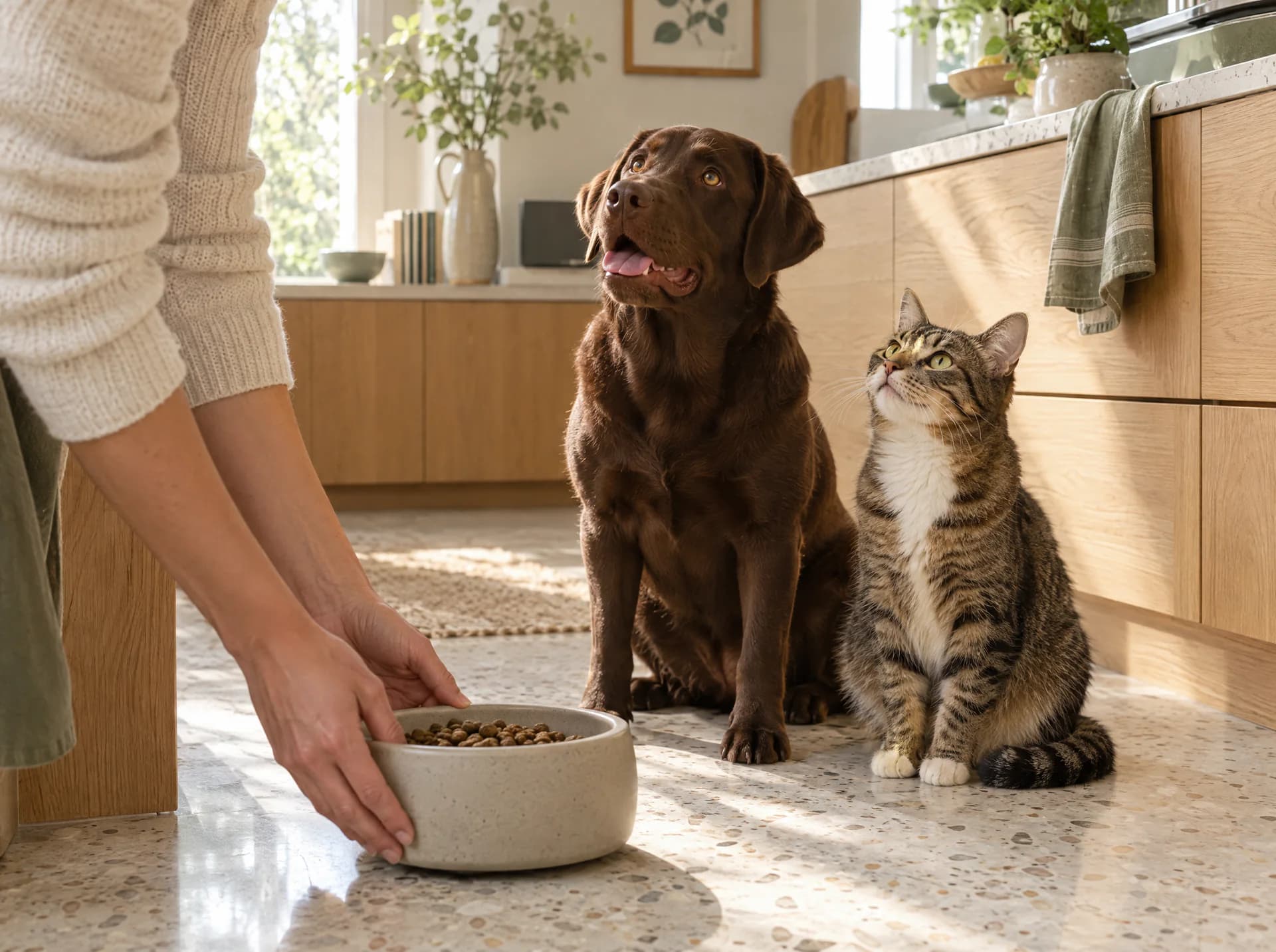 A sitter setting down a food bowl for a chocolate Labrador and a tabby cat in a bright kitchen